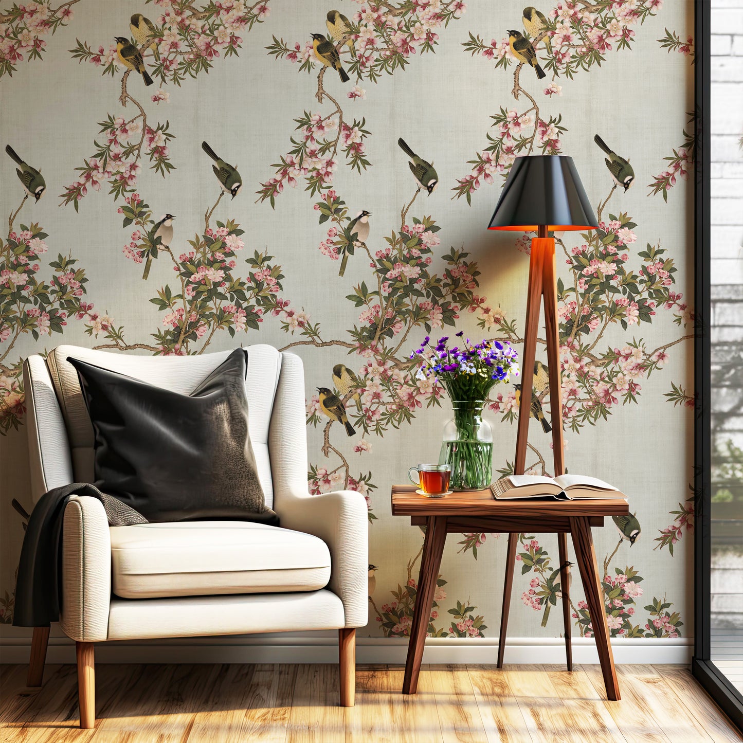 blue and pink Chinoiserie wallpaper in US