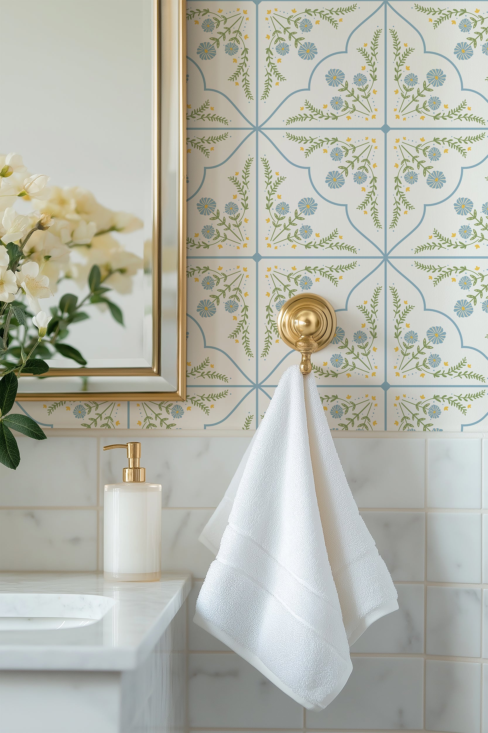 green and blue wild floral plaid self adhesive wallpaper bathroom