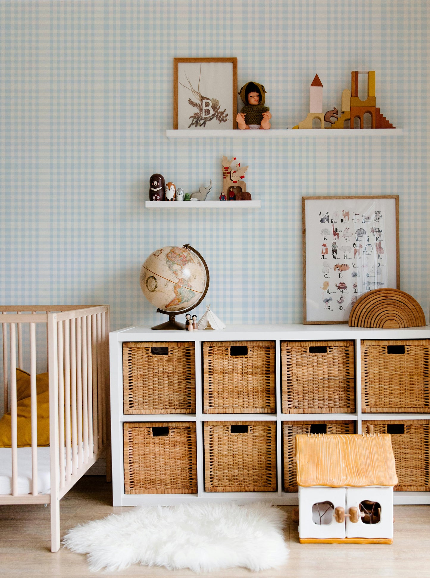 Blue Gingham Plaid Wallpaper for Nursery and Kids Room