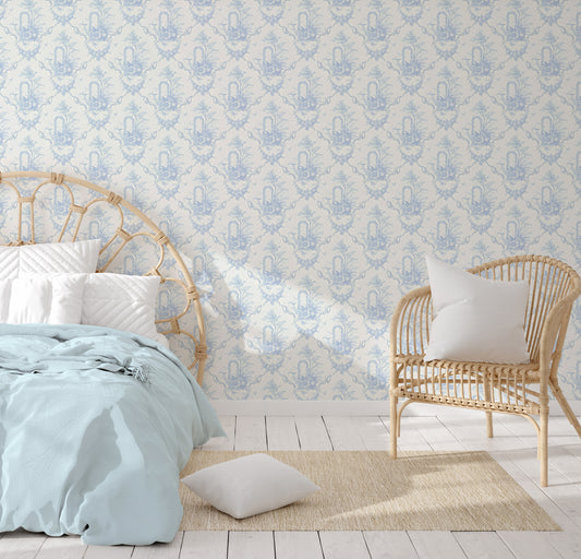 blue damask farmhouse self adhesive wallpaper in US
