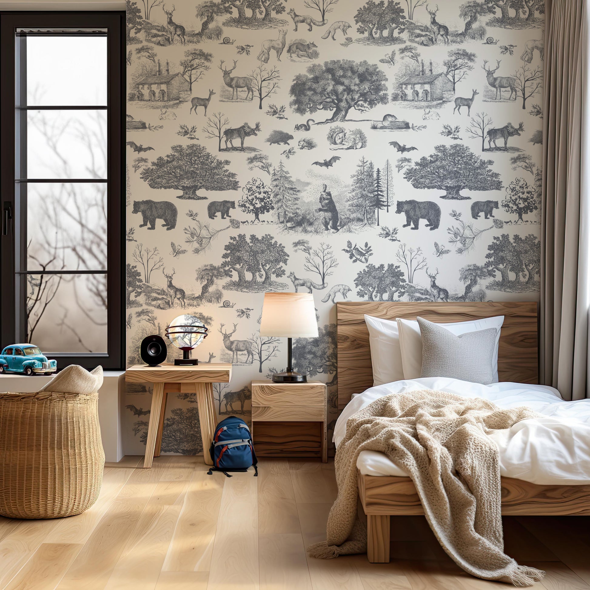nursery woodland toile black and white wallpaper