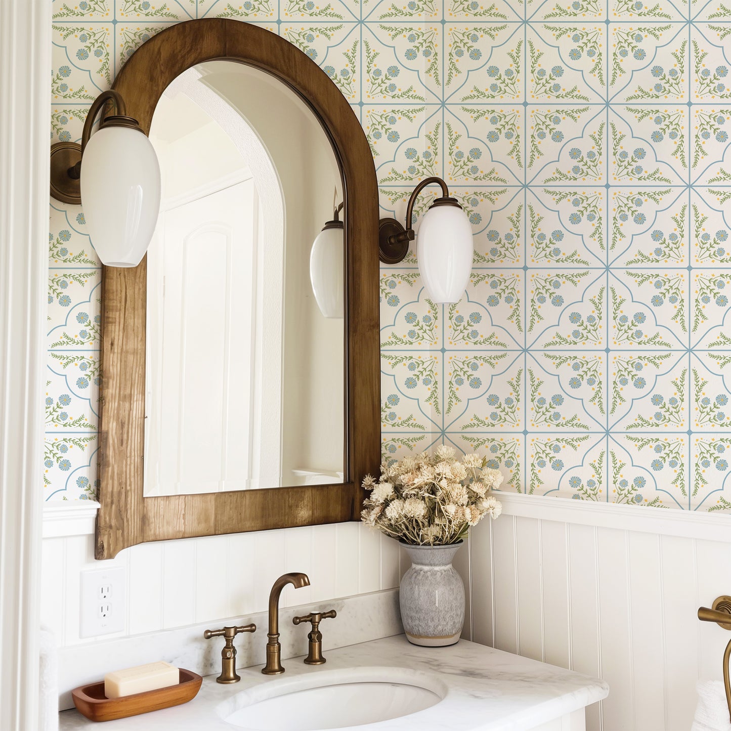 blue floral plaid peel and stick wallpaper bathroom