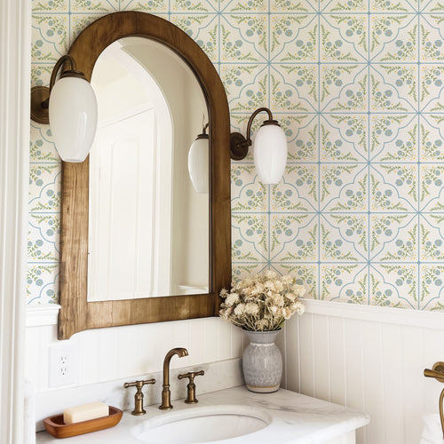 blue floral plaid peel and stick wallpaper bathroom