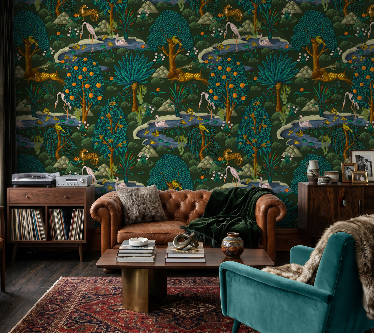 Dark Green Menagerie Tapestry Wallpaper in a rich living room with brown leather sofa and walnut credenza