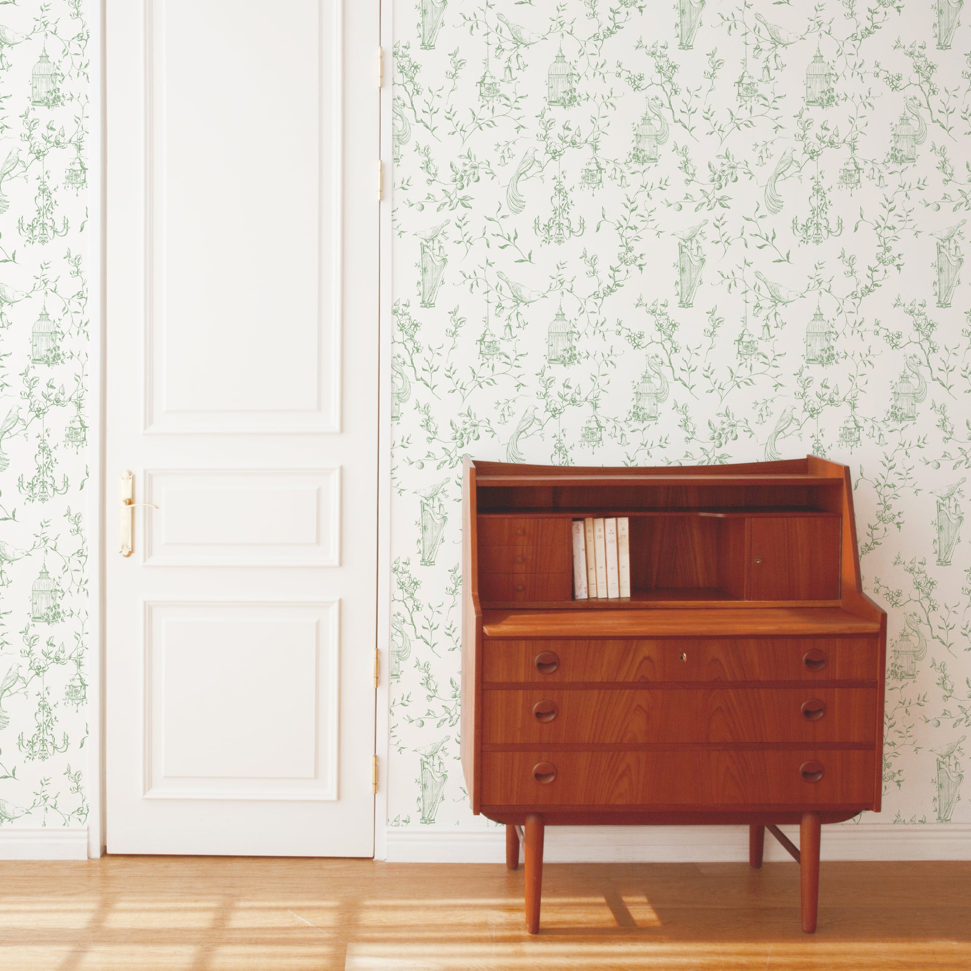 green toile French country wallpaper 