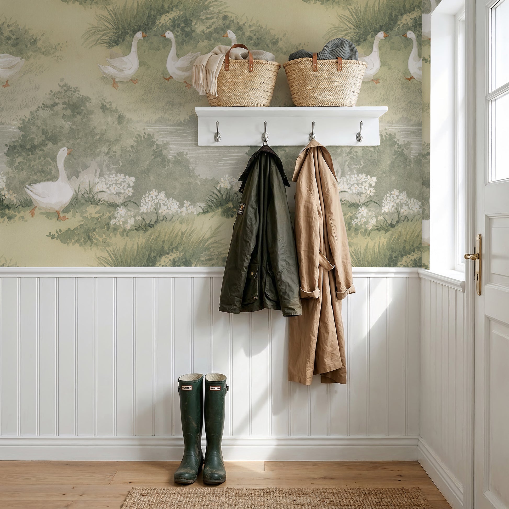 Sage green cottage goose wallpaper in an entryway with coat hooks