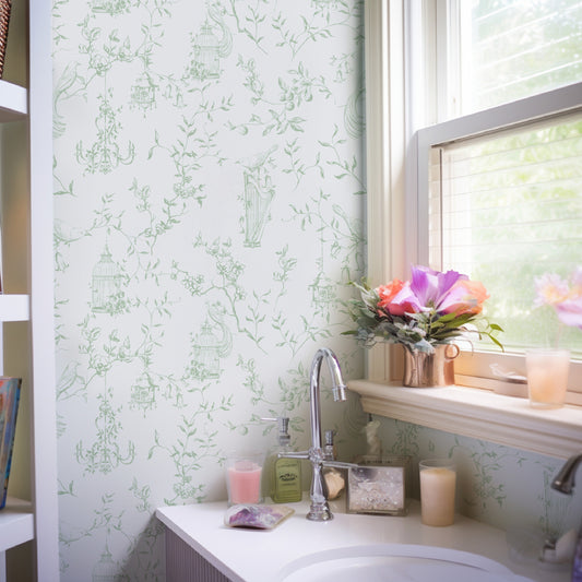 green toile French country peel and stick eclectic wallpaper 