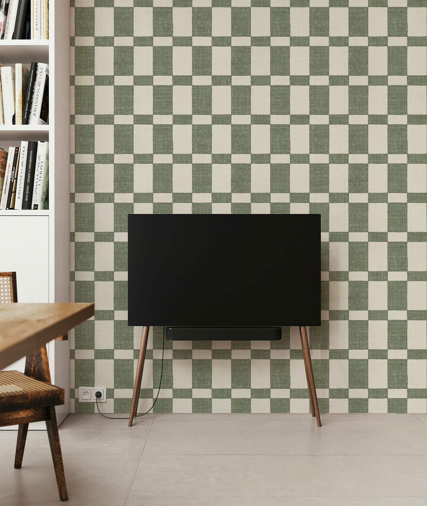 Sage Green Checkered Wallpaper Bathroom