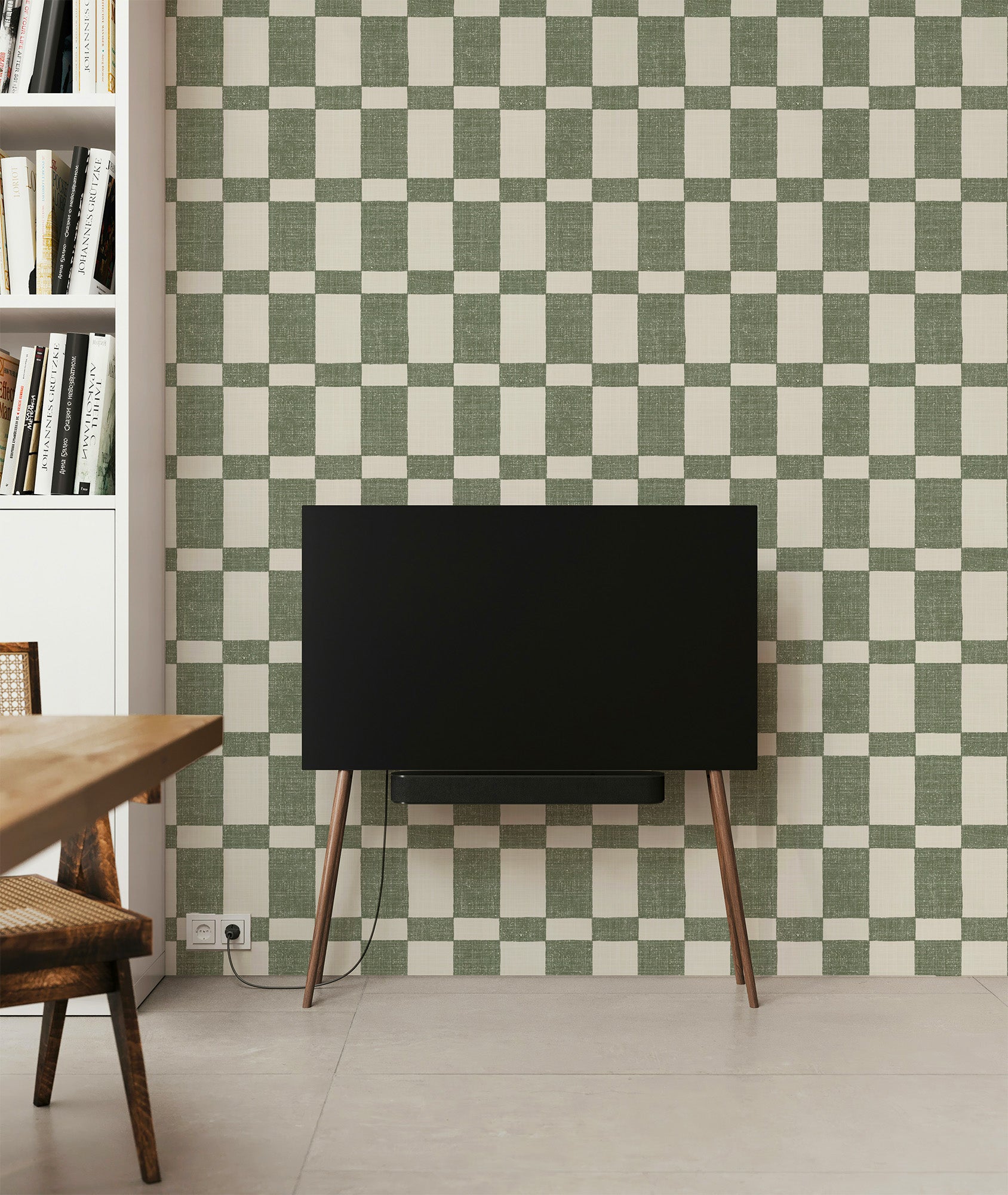 Sage Green Checkered Wallpaper Bathroom