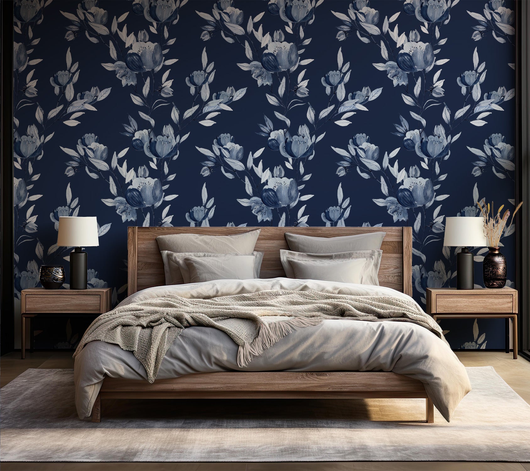 Indigo Blue Floral Peel and Stick Removable Wallpaper | Canada