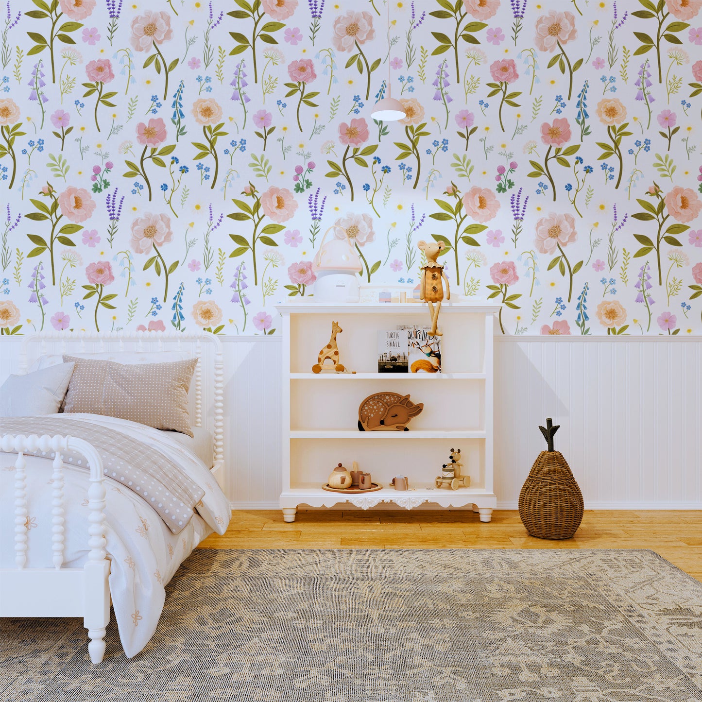 kids white floral peel and stick wallpaper bedside view