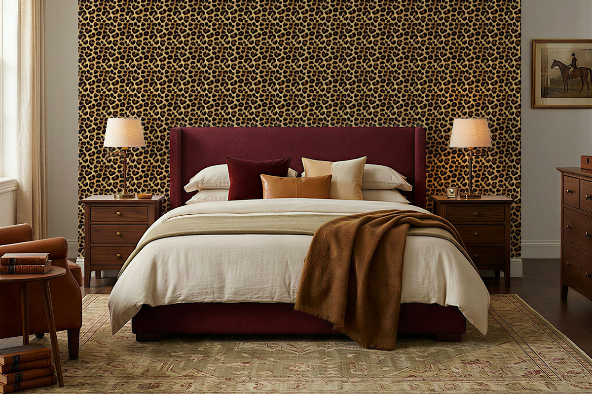A styled bedroom featuring a bed with a deep burgundy upholstered headboard and matching footboard, dressed in cream bedding with tan and burgundy pillows, set against a bold leopard-print accent wall.