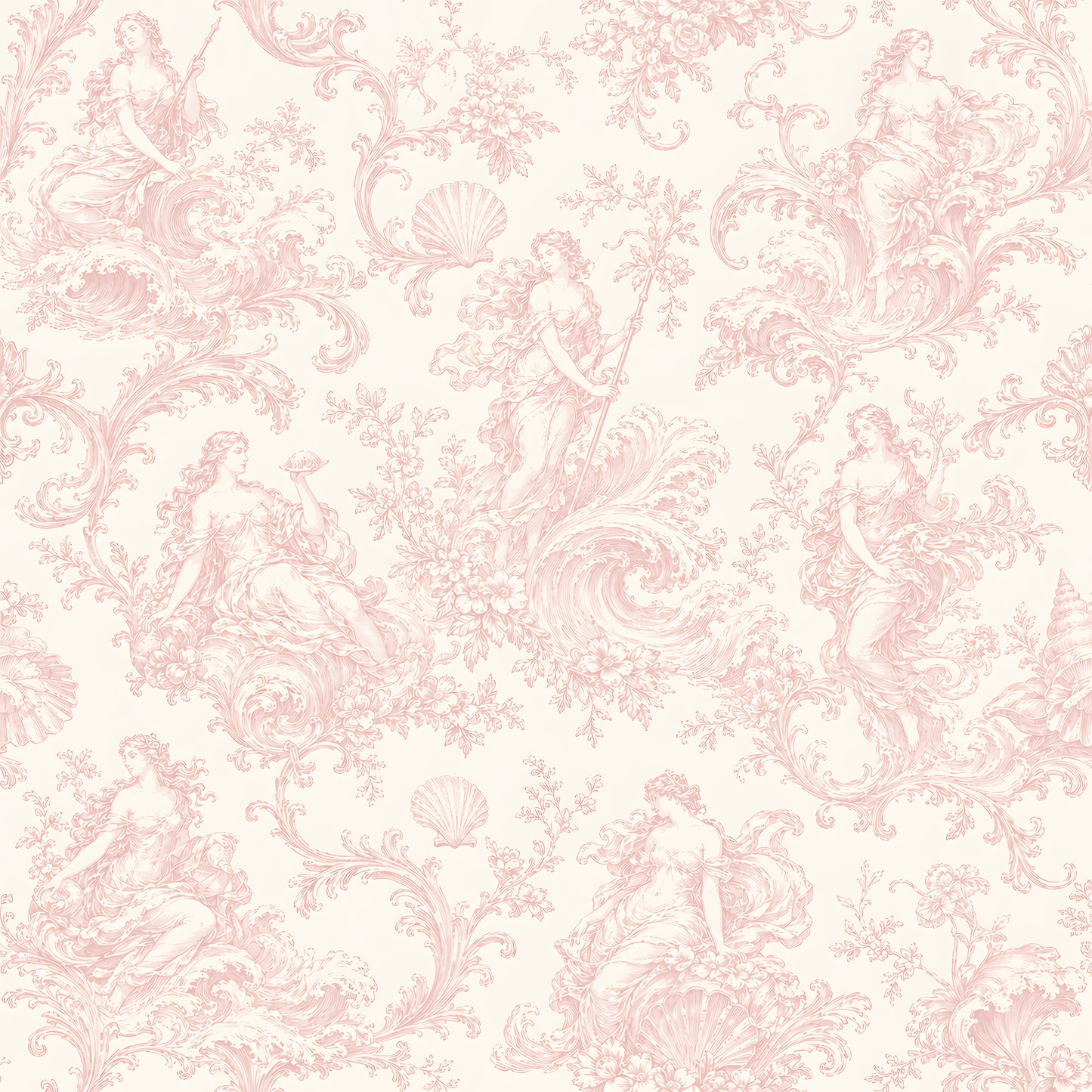 Pink Goddess Toile Wallpaper pattern swatch — blush baroque design on cream background