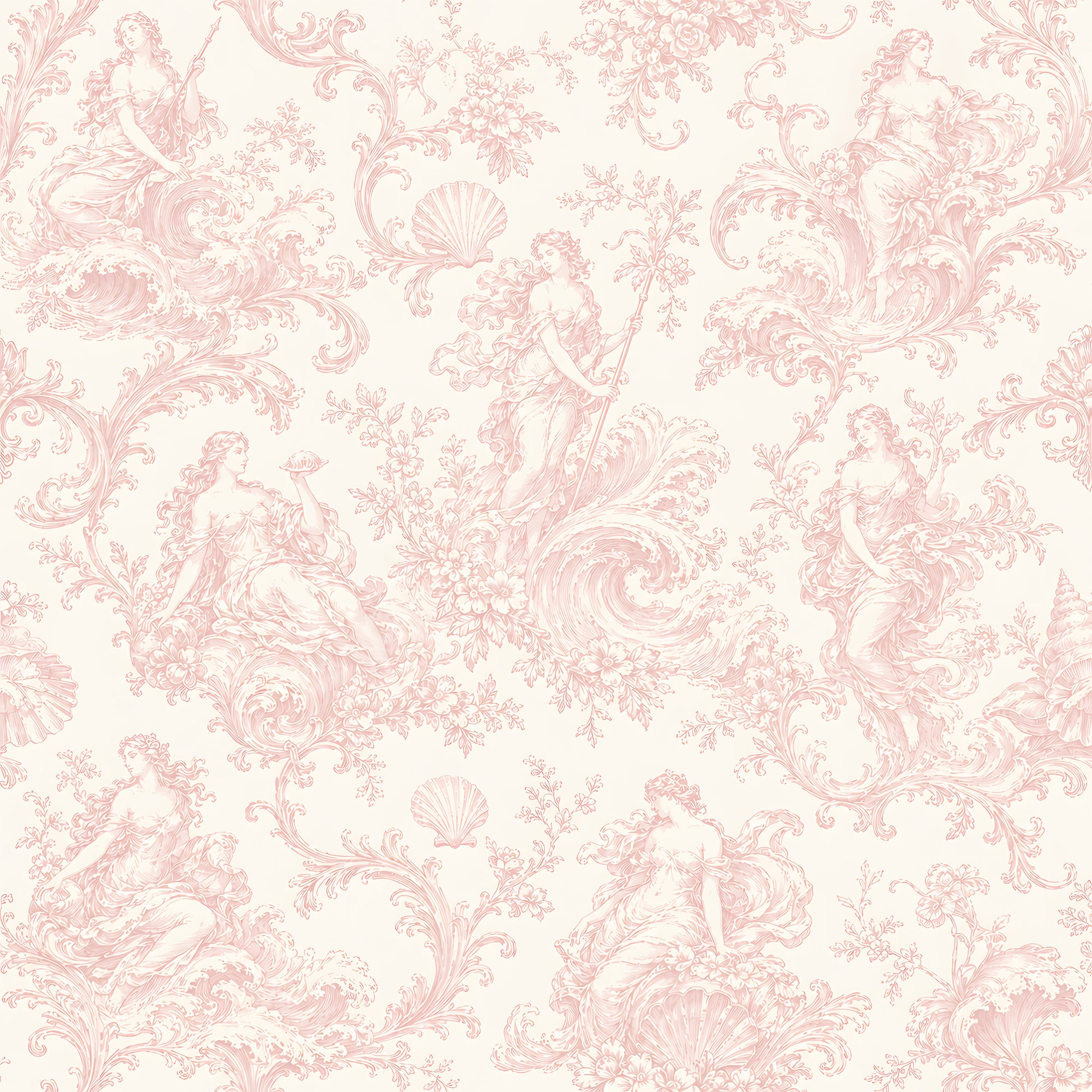 Pink Goddess Toile Wallpaper pattern swatch — blush baroque design on cream background