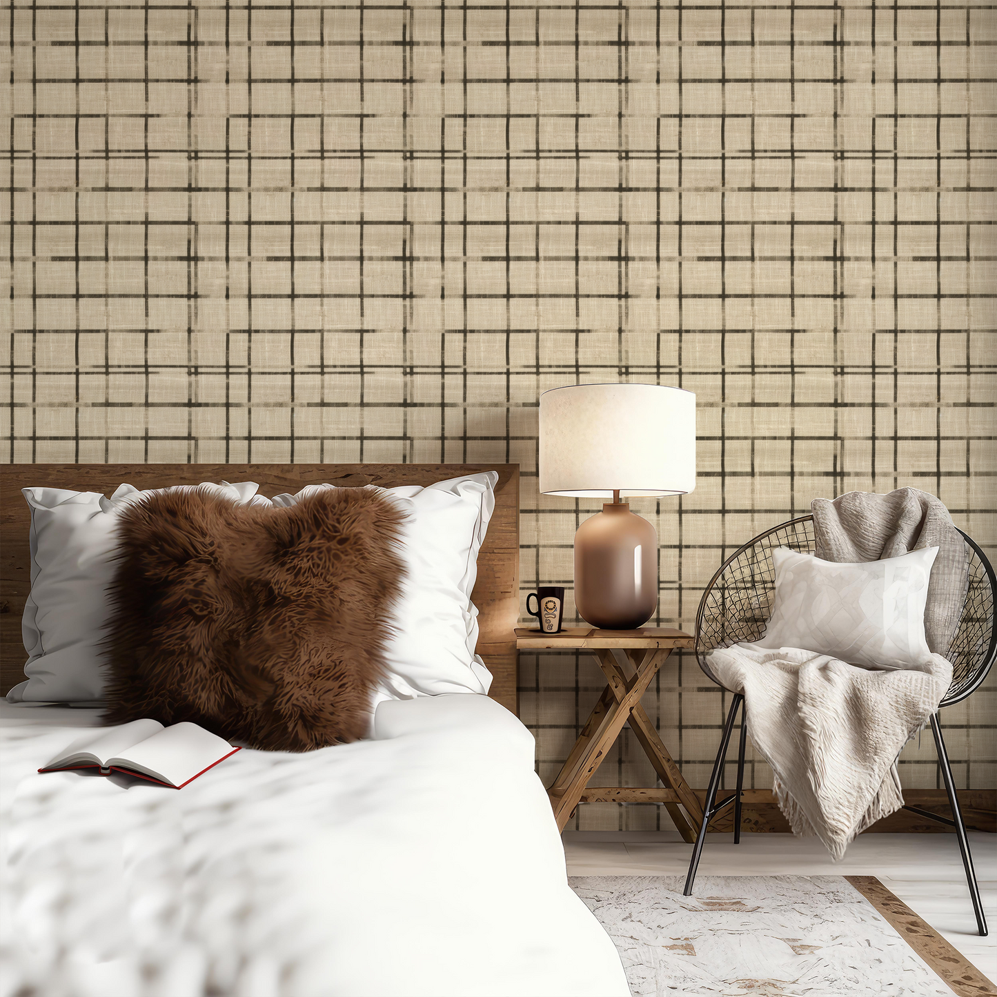 black line plaid wallpaper on beige linen tone for modern interior home style