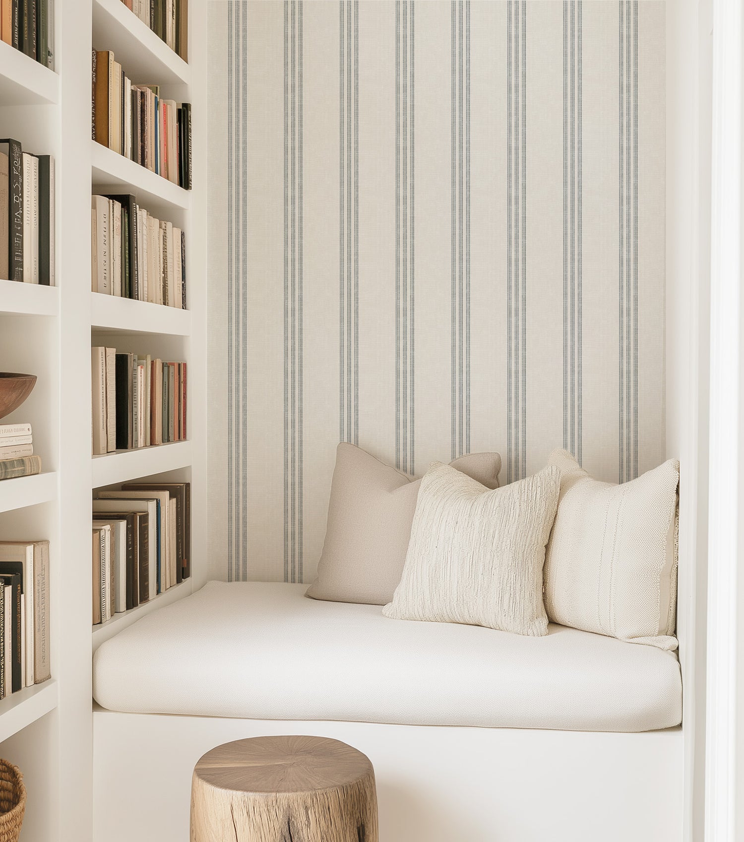 navy blue thin stripe wallpaper cozy book corner