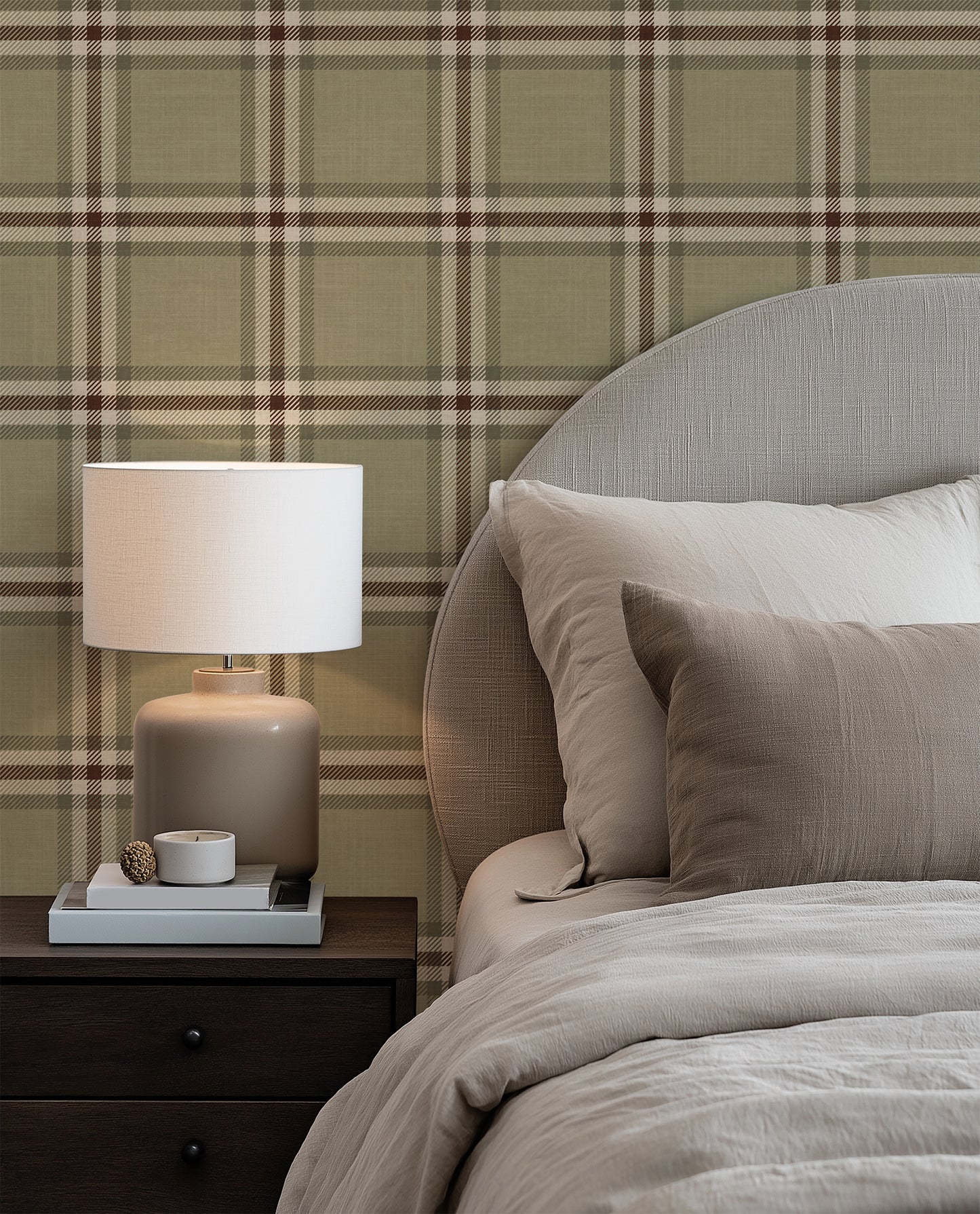 moody yet modern brown and green tartan plaid peel and stick wallpaper