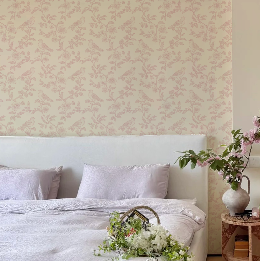 Toile Pink Bird and Daisy Peel and Stick Wallpaper Bedroom