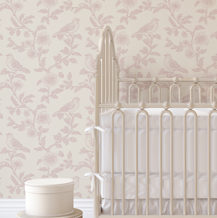 Toile Pink Bird and Daisy Peel and Stick Wallpaper Nursery