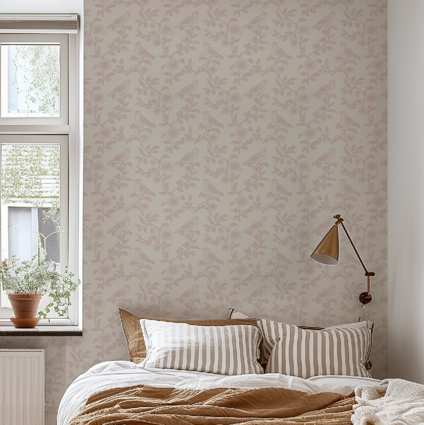 Toile Pink Bird and Daisy Peel and Stick Wallpaper for Bedroom