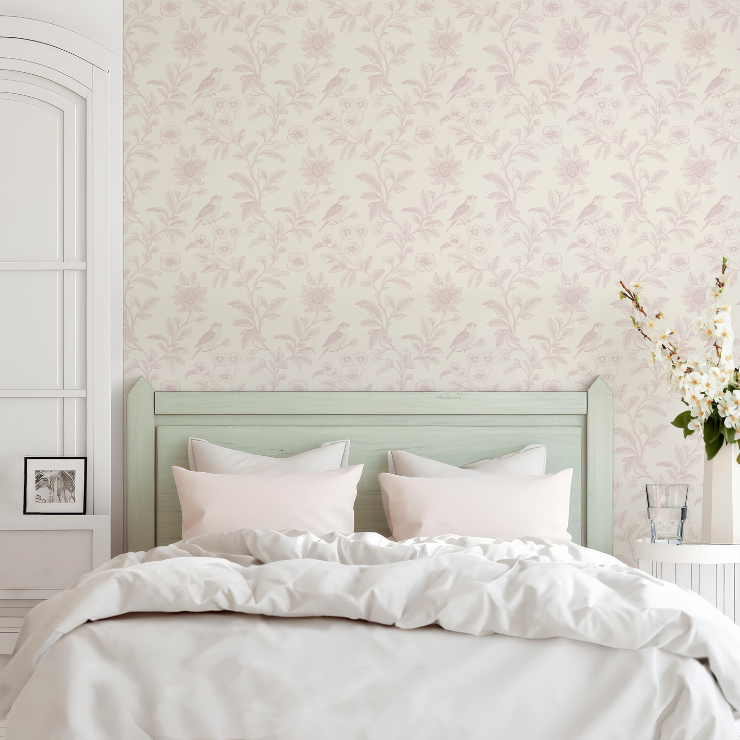 Pink Flower and Bird Peel and Stick Wallpaper Bedroom