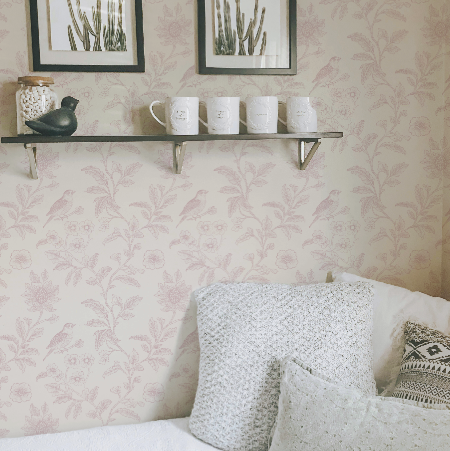 Pink Flower and Bird Peel and Stick Wallpaper for Bedroom