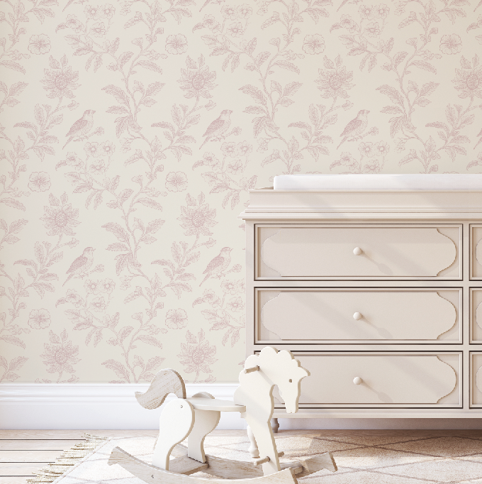 Pink Flower and Bird Peel and Stick Wallpaper Nursery