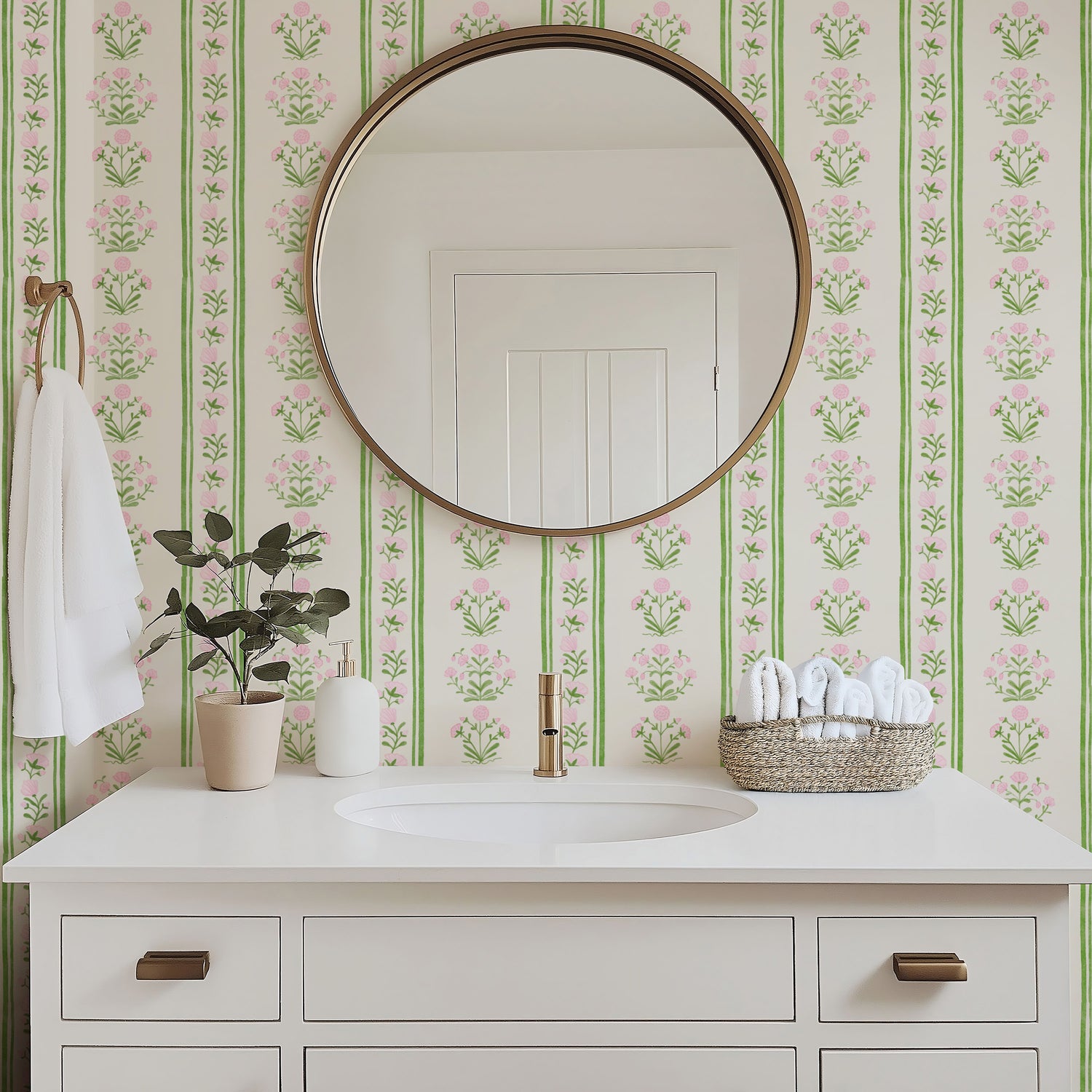 whimsical floral green stripe peel and stick wallpaper