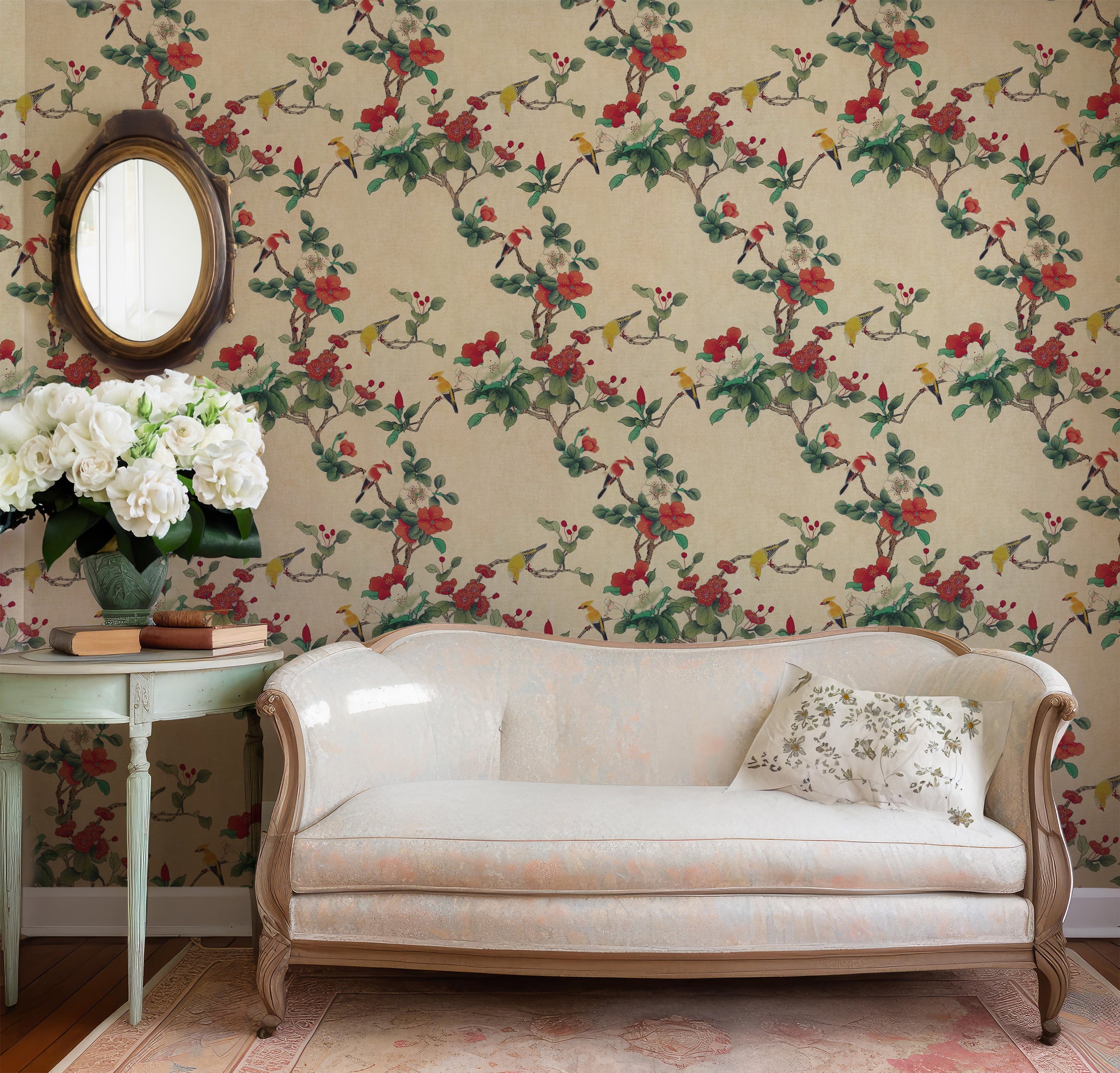  Red Flowers with Birds Chinoiserie Removable Wallpaper | Canada