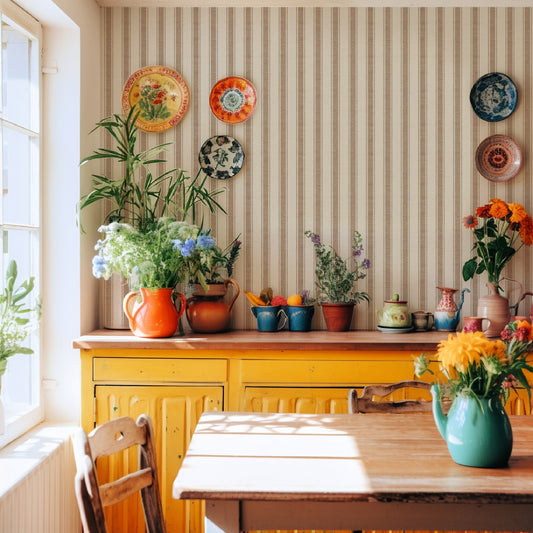 beige linen stripe wallpaper on boho interior styled kitchen