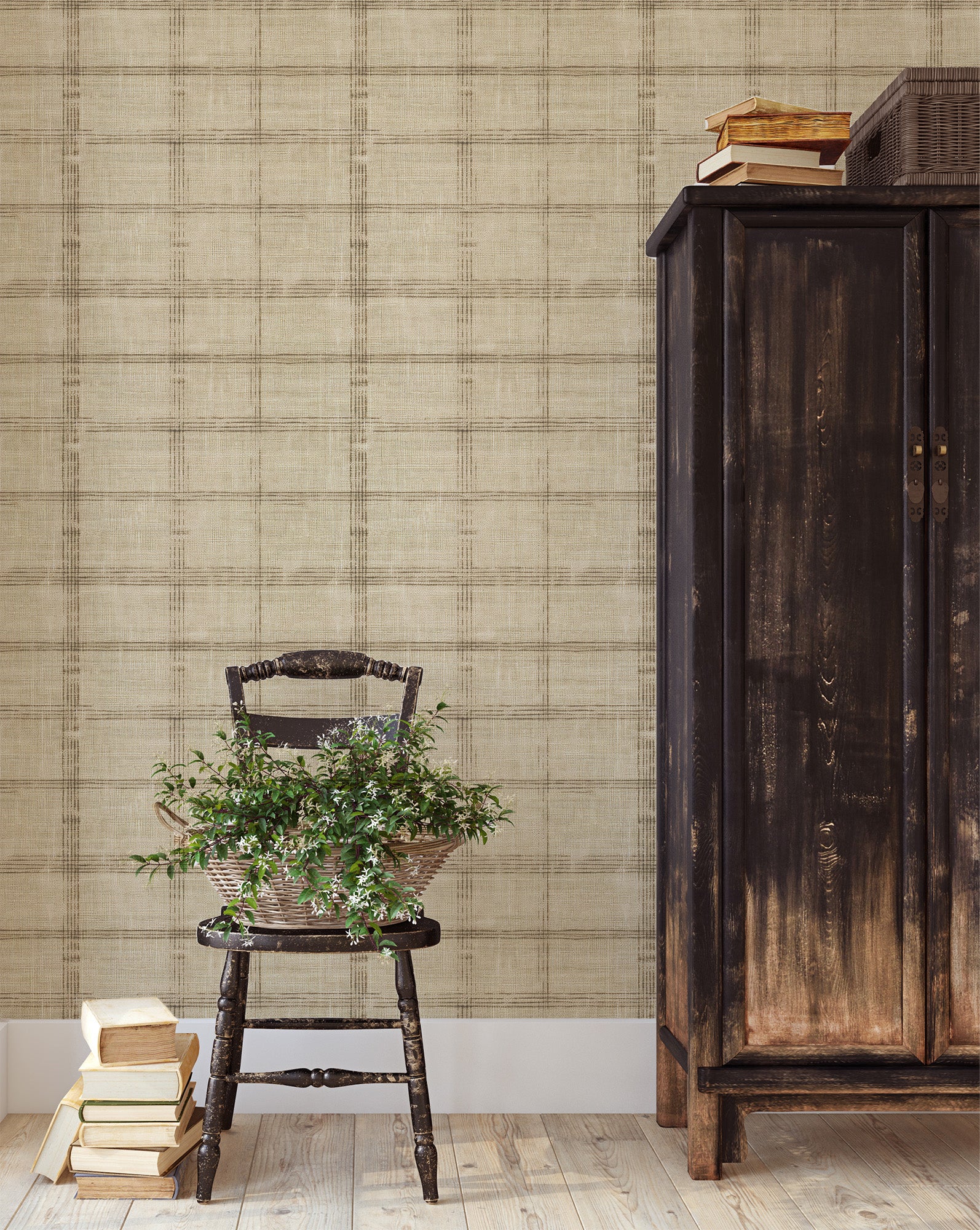 beige linen plaid wallpaper on vintage farmhouse interior style