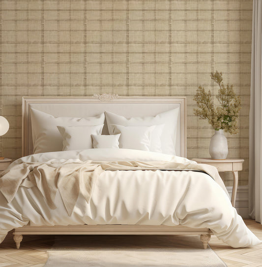 beige linen plaid wallpaper on white minimal bedroom interior style