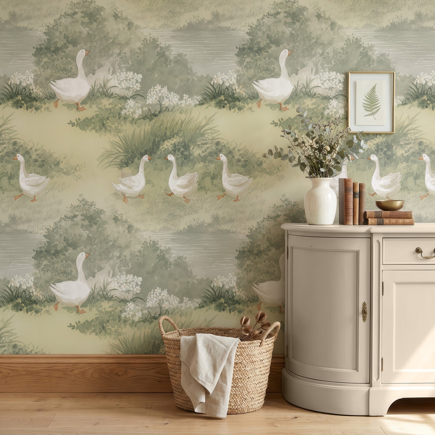 Sage green cottage goose wallpaper in a living room setting