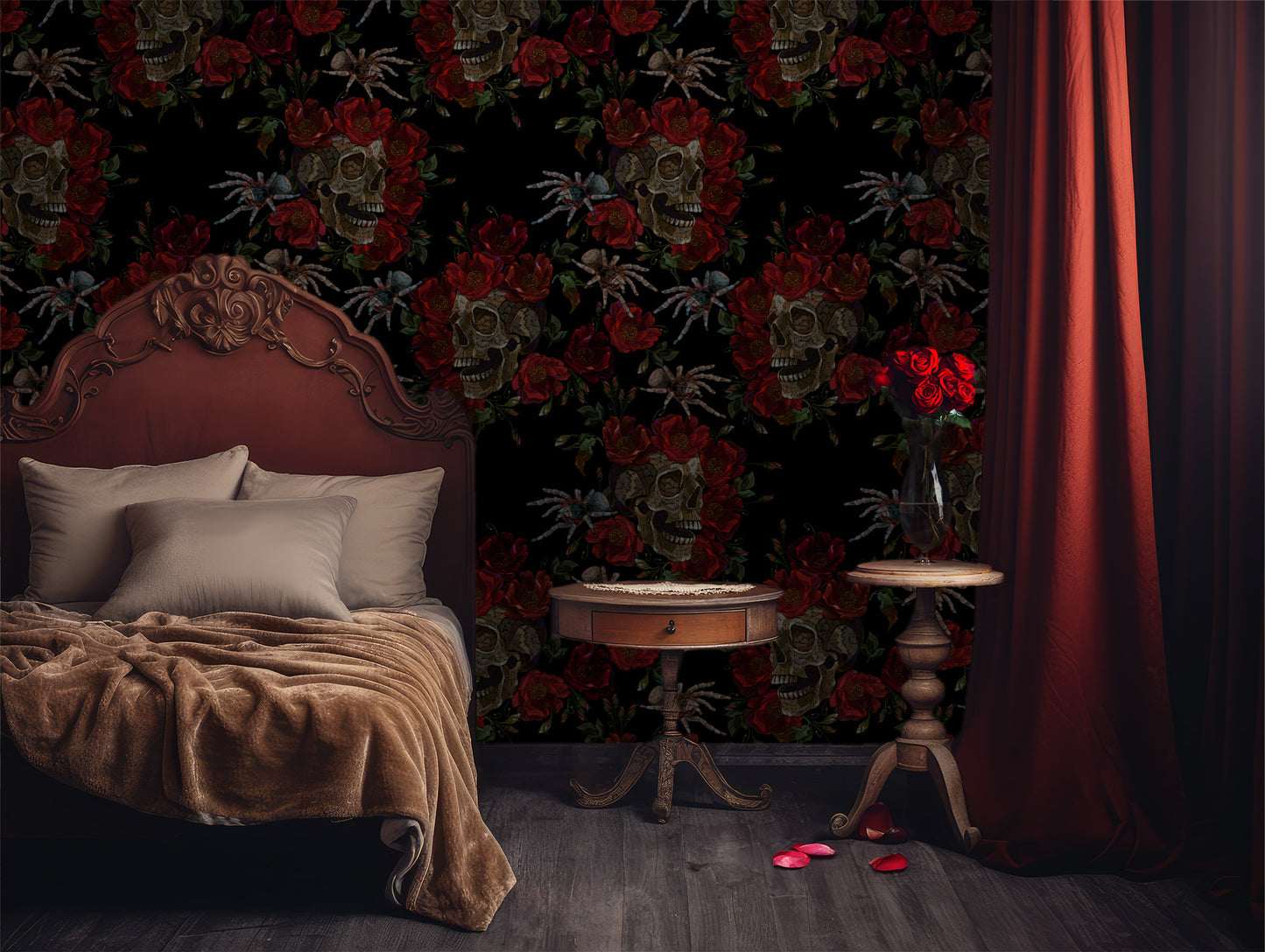 Skull and Red Rose peel and stick wallpaper in US | RollsRolla