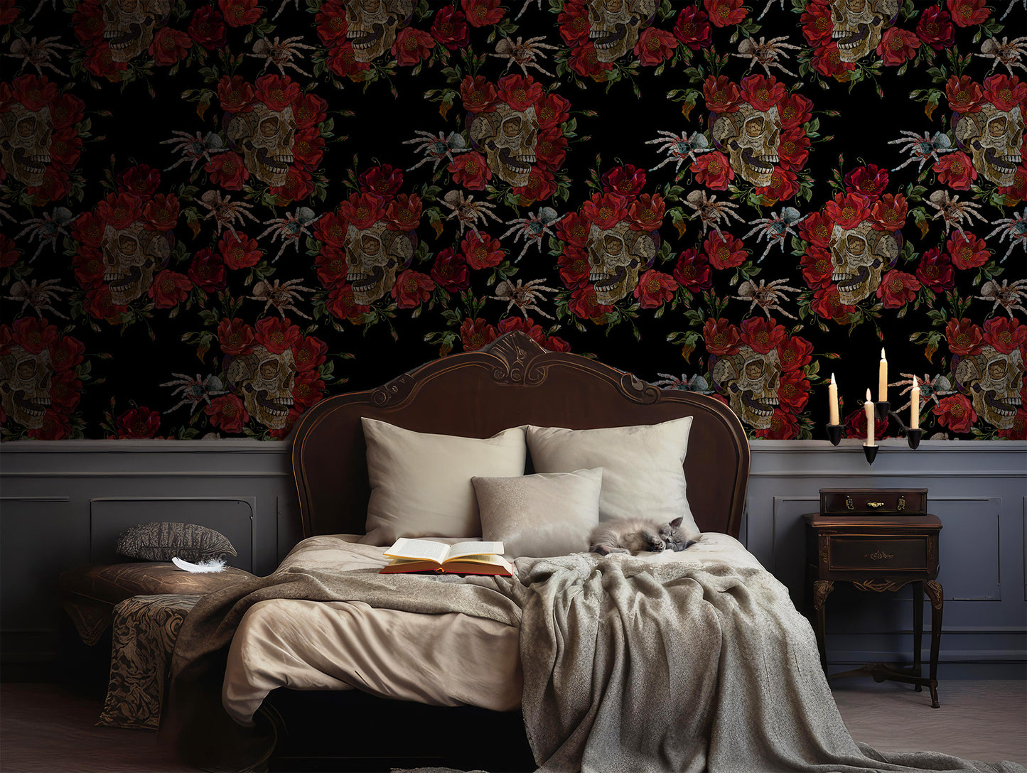 Skull and Red Rose peel and stick wallpaper in US | RollsRolla