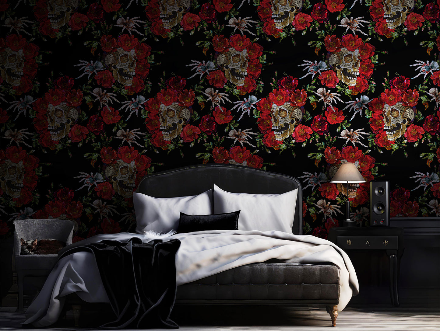 Skull and Red Rose peel and stick wallpaper in US | RollsRolla