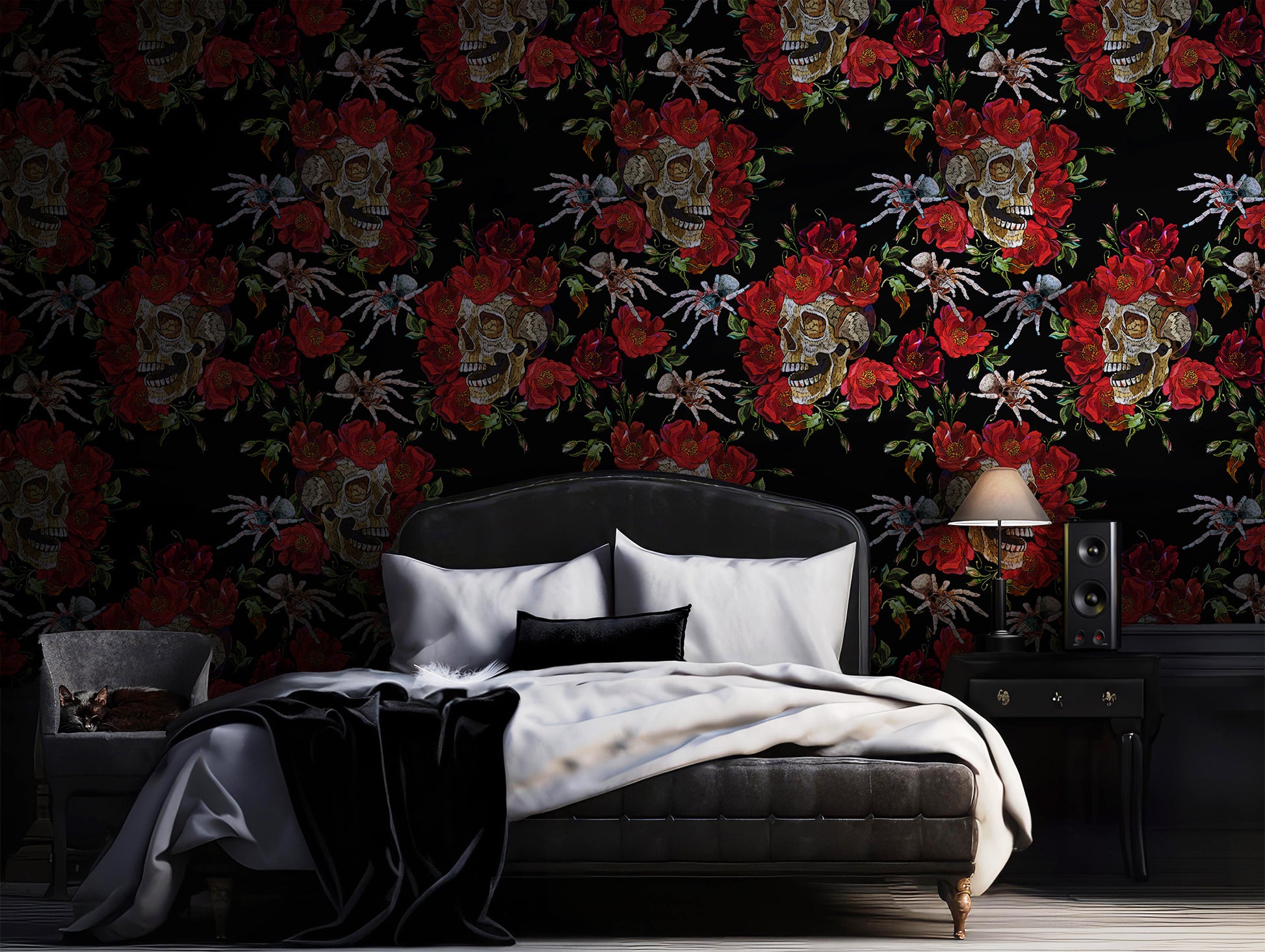 Gothic Red Rose and Skull Dark Moody Peel and Stick Wallpaper