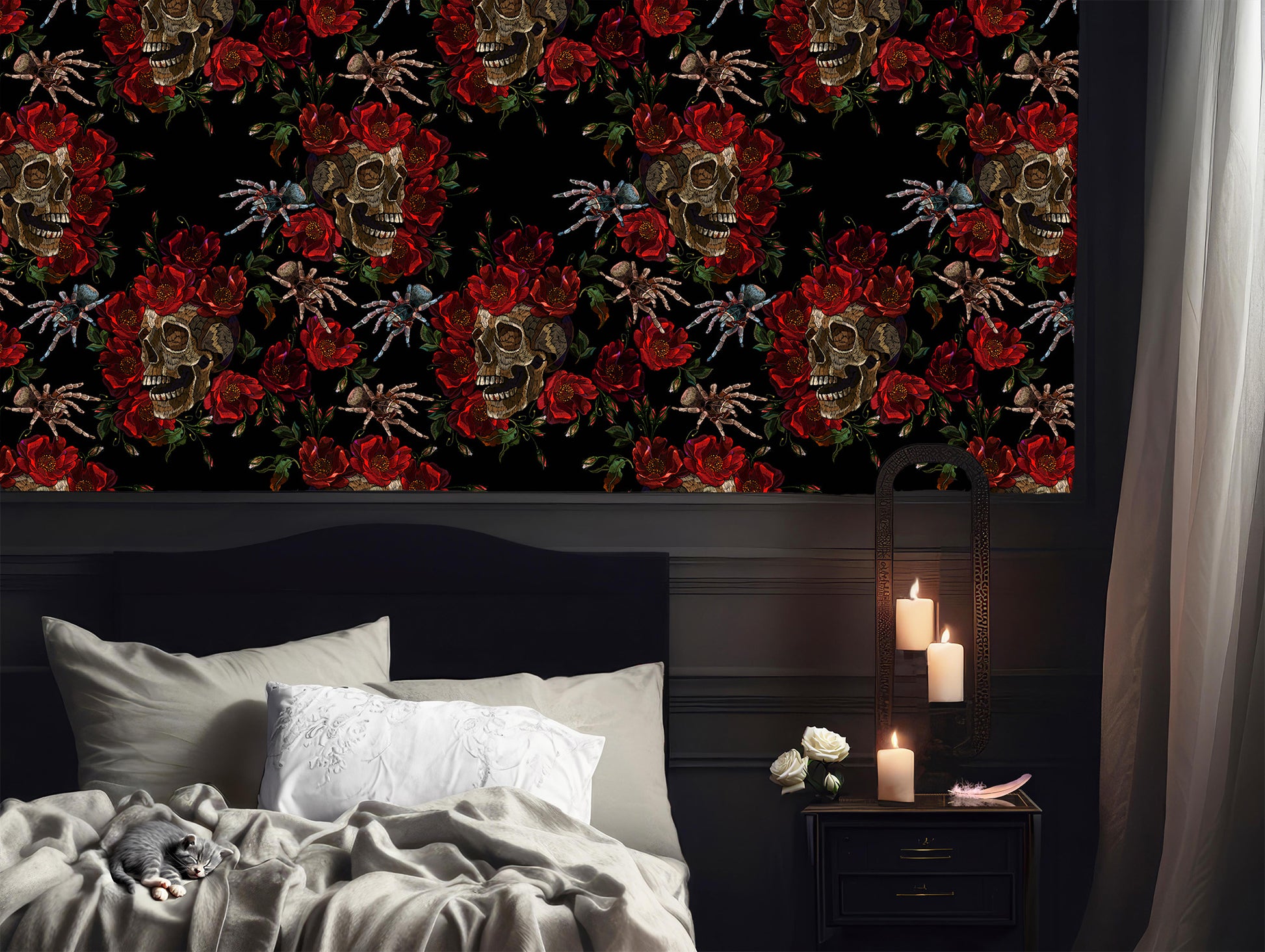 Skull and Red Rose peel and stick wallpaper in US | RollsRolla