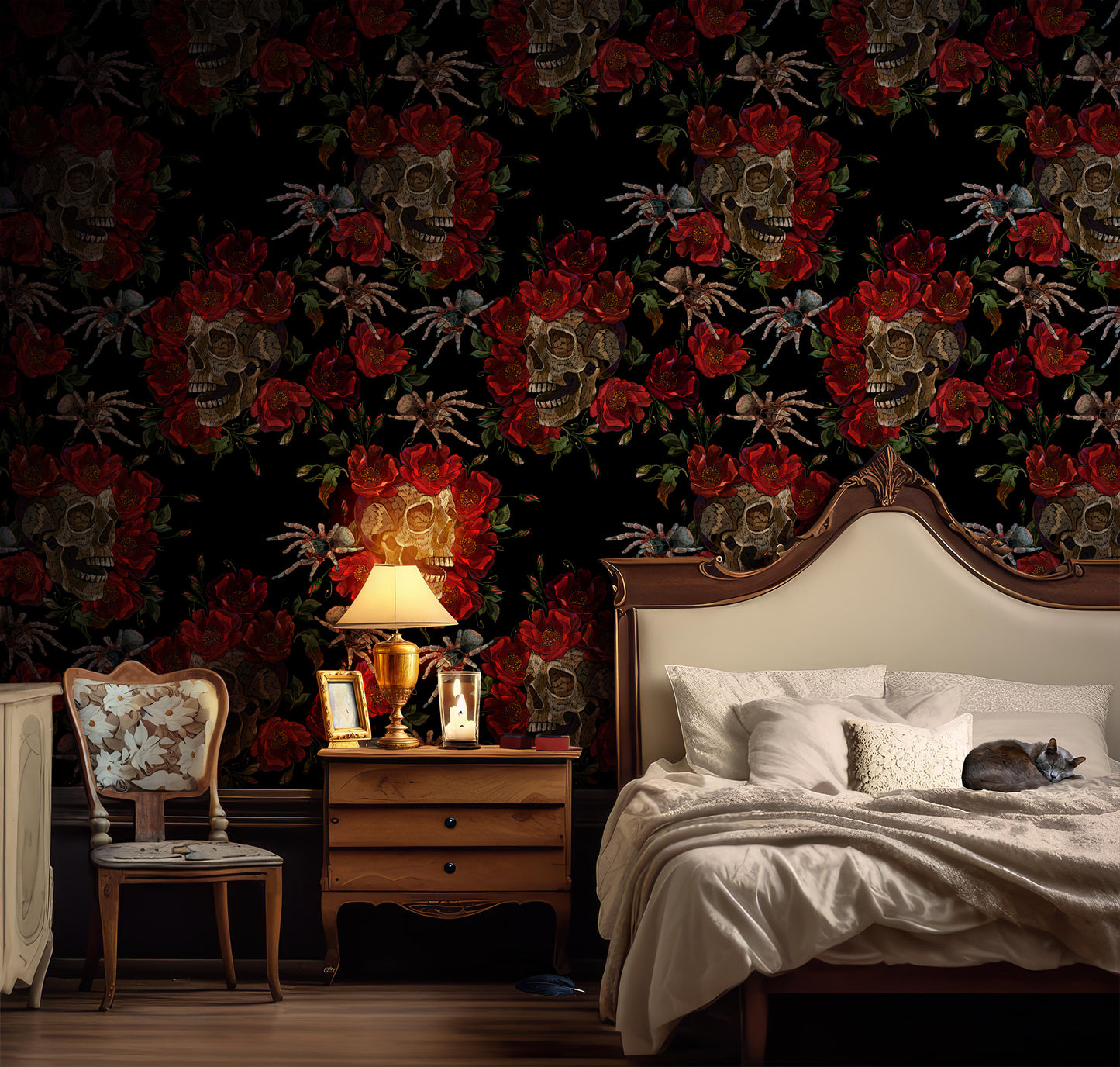 Skull and Red Rose peel and stick wallpaper in US | RollsRolla