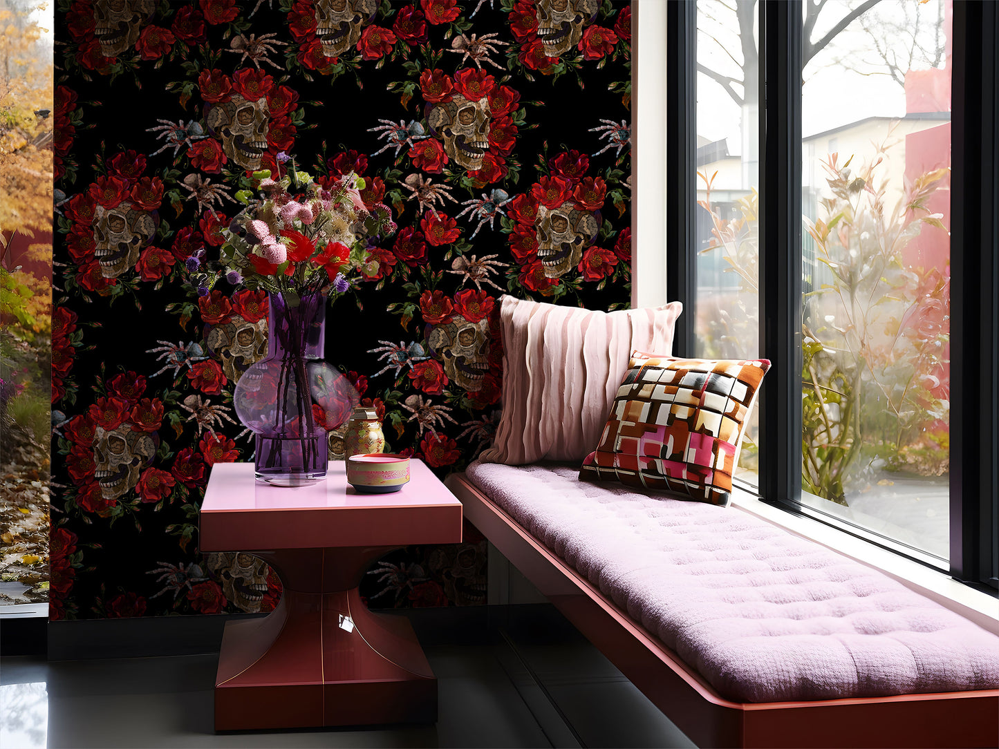 Skull and Red Rose peel and stick wallpaper in US | RollsRolla