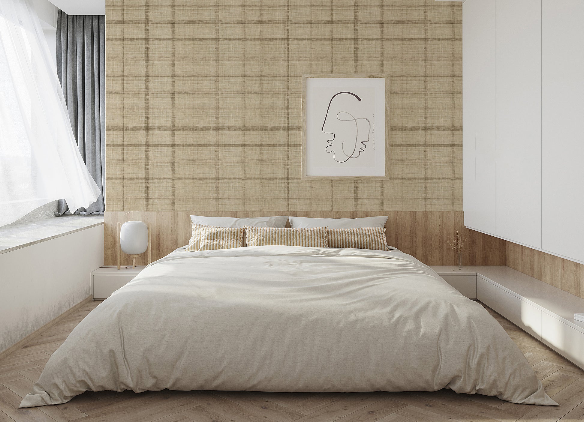 rollsrolla beige linen plaid wallpaper on light tone modern minimal bedroom