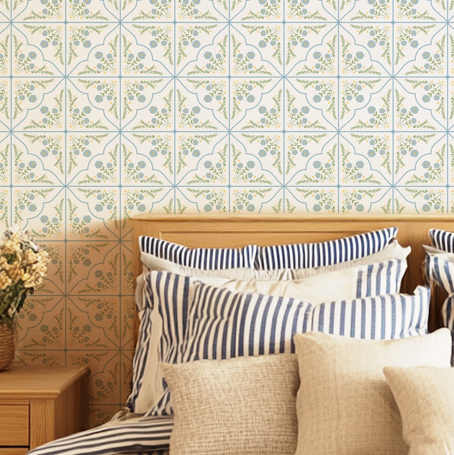 cottagecore blue floral plaid peel and stick wallpaper girls room