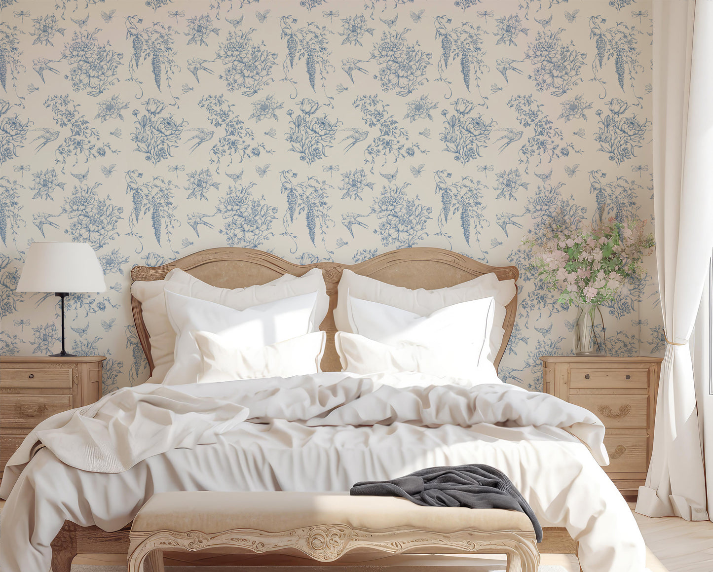 French country style, peel and stick wallpaper, blue and beige wallpaper, warm vintage decor