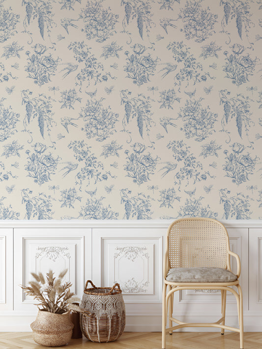 French country style, peel and stick wallpaper, blue and beige wallpaper, warm vintage decor