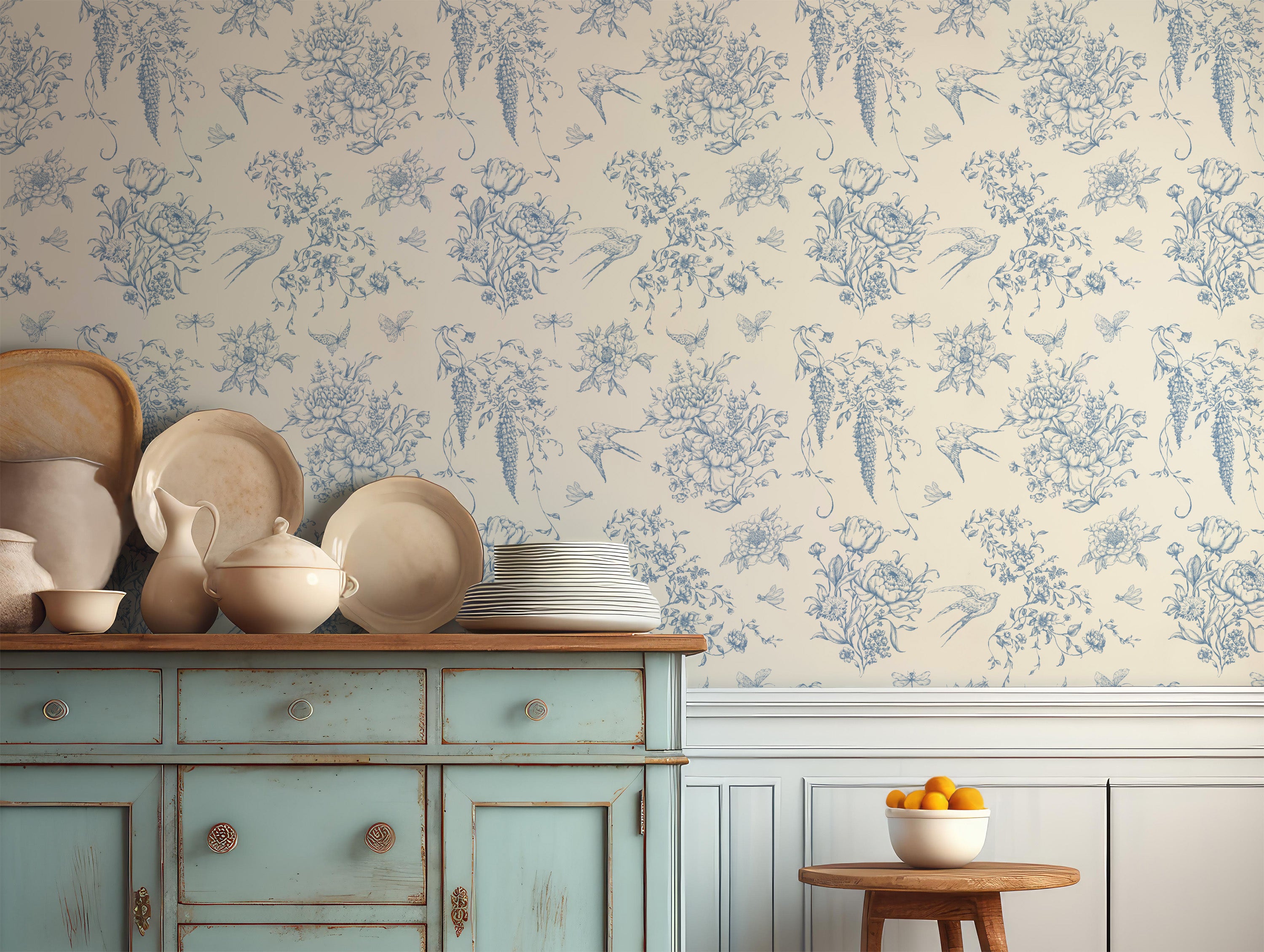 Vintage Blue Toile Peel and Stick Wallpaper Warm Beige French Country ...