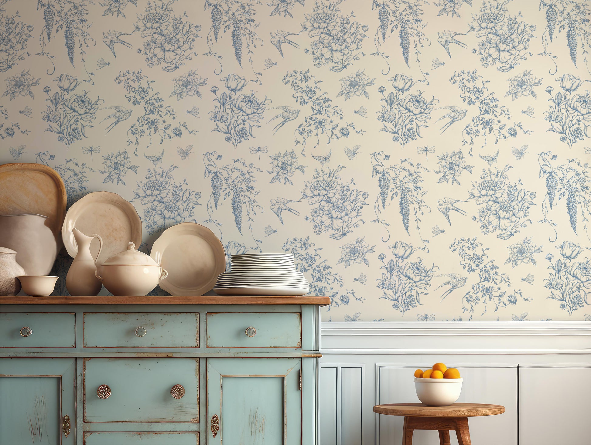 French country style, peel and stick wallpaper, blue and beige wallpaper, warm vintage decor