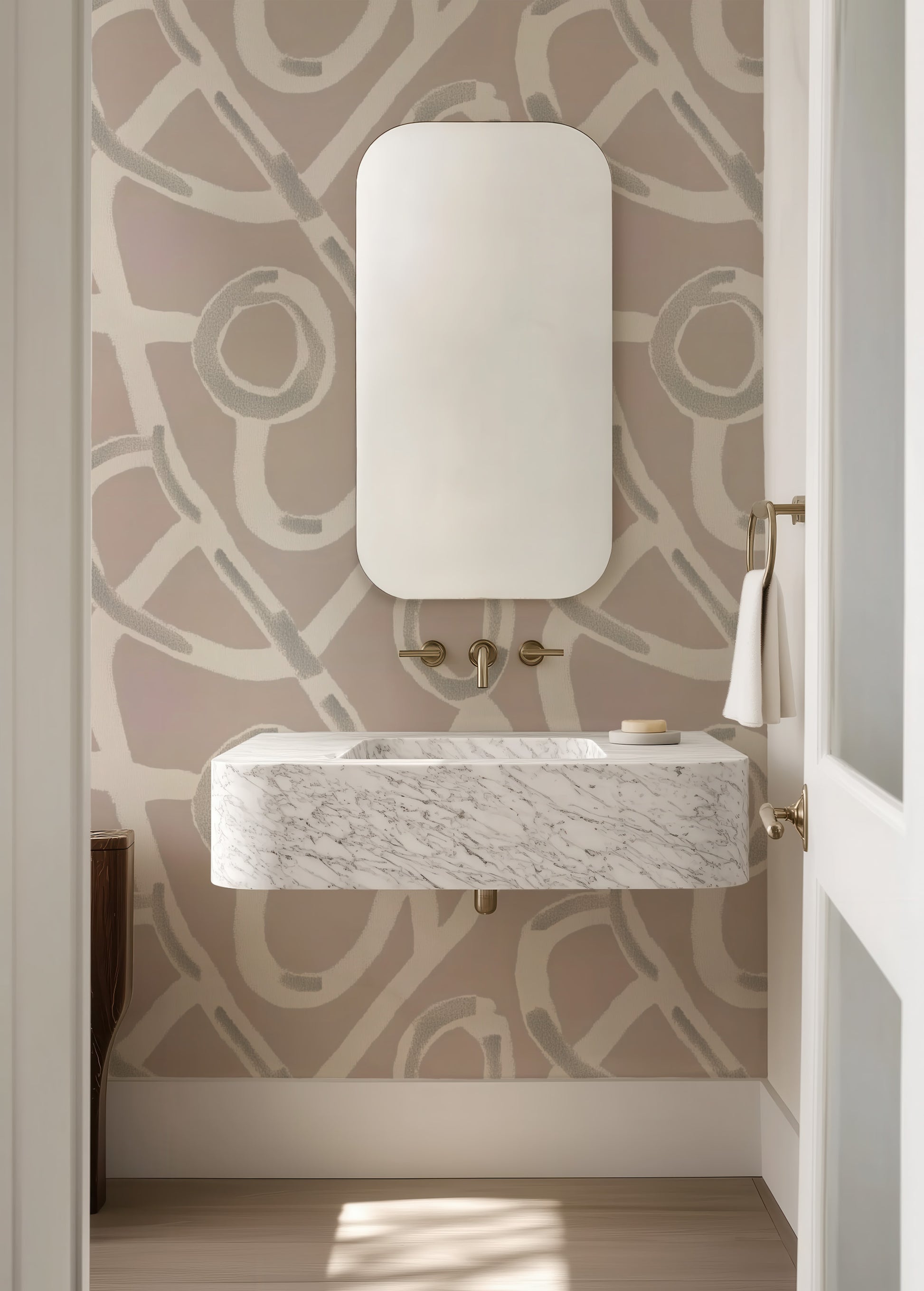 Beige Grey and White Geometric Peel and Stick Wallpaper Washroom