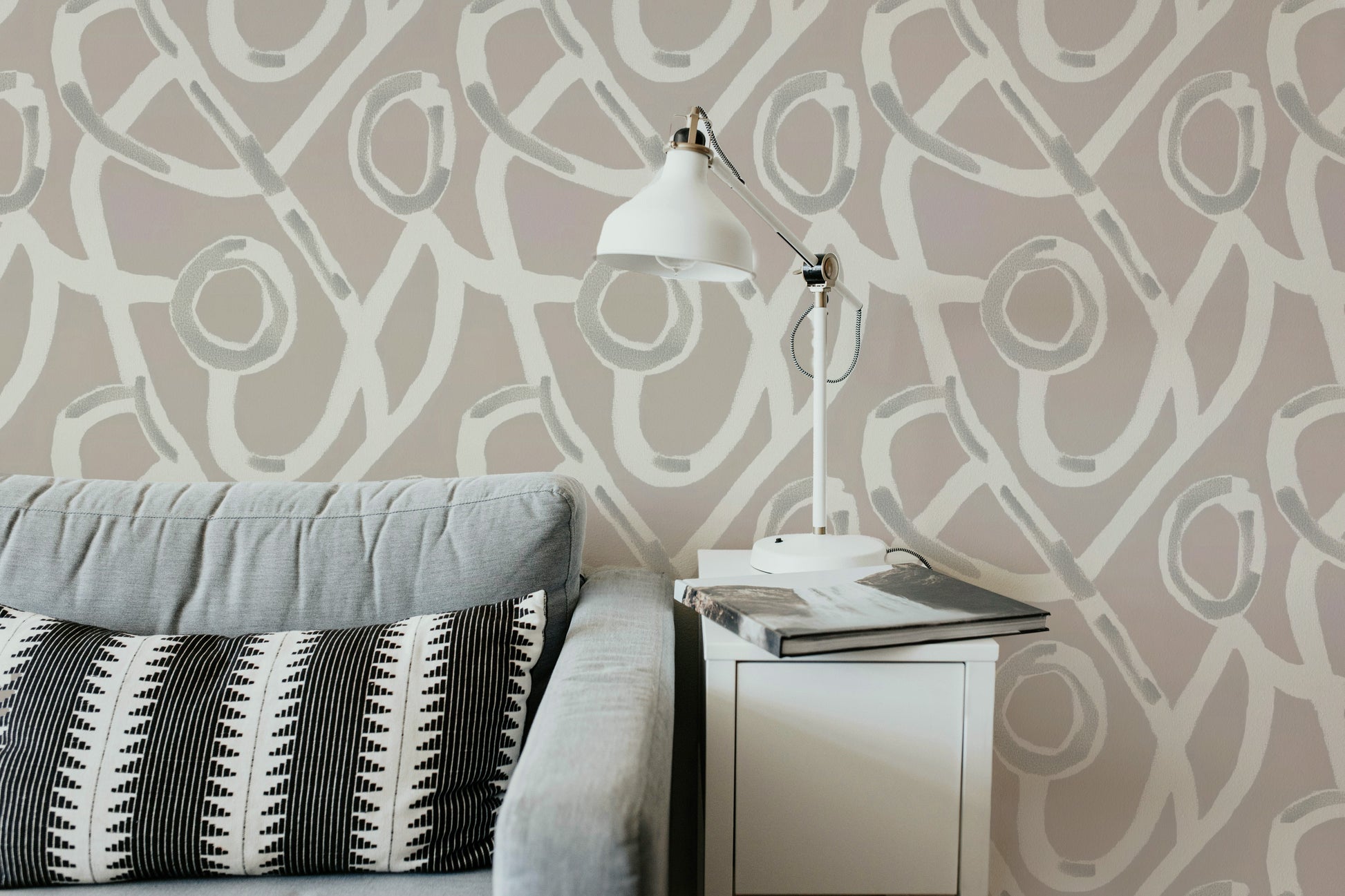 Beige Grey and White Geometric Peel and Stick Wallpaper Living Room