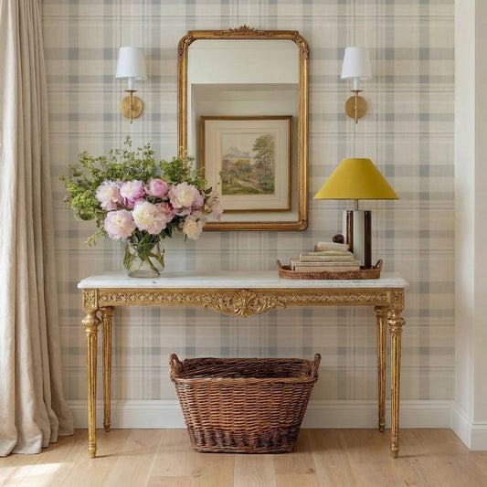 blue and white plaid peel and stick wallpaper entryway