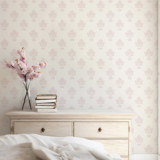 Pink Floral Block Print peel and stick wallpaper bedroom